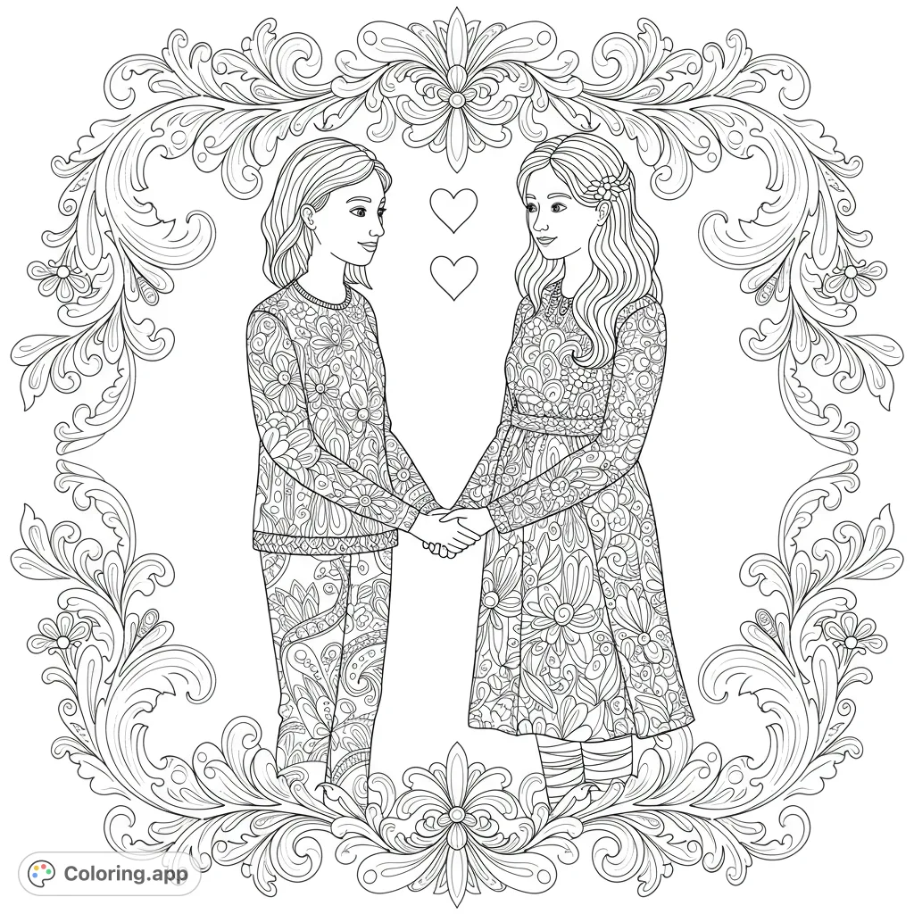 Two people holding hands within an ornate floral frame, with hearts floating above. An intricate design for a romantic connection coloring page.