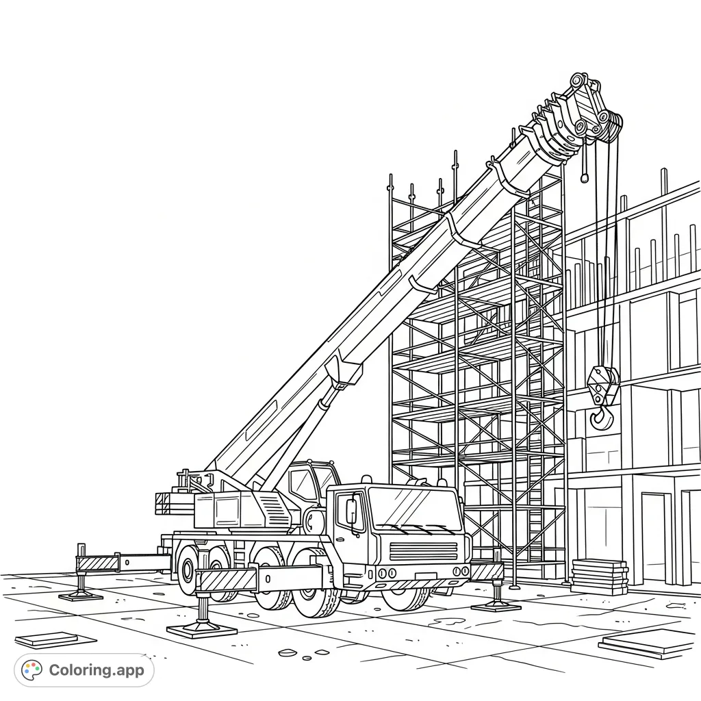 A detailed coloring page featuring a large crane truck with its boom extended, parked next to towering building scaffolding. Perfect for construction enthusiasts.