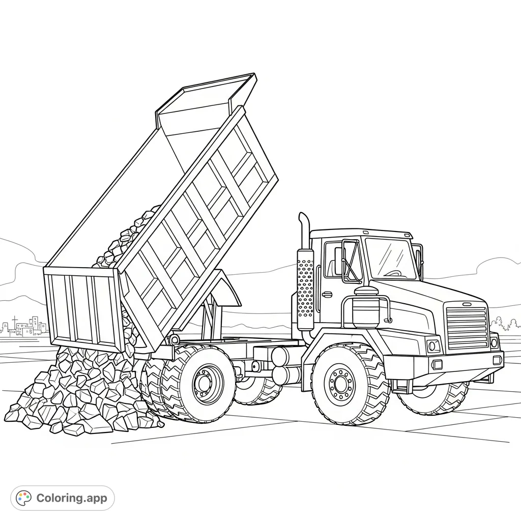 A detailed line art coloring page features a standard construction dump truck with its bed raised, pouring out simple gravel shapes on a job site.