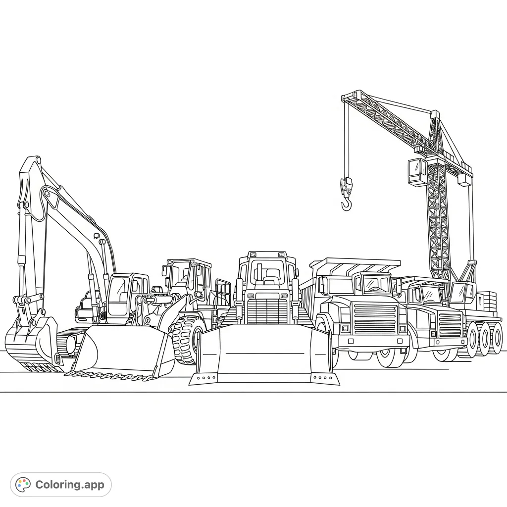 A detailed coloring page featuring five construction vehicles: excavator, loader, bulldozer, dump truck, and crane in a technical composition.