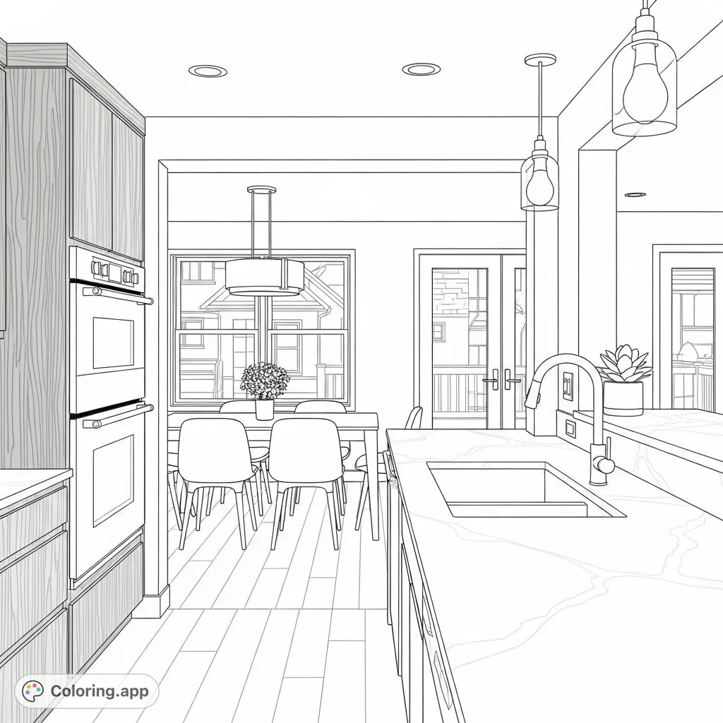 A sleek, modern kitchen scene viewed from a dining area, featuring a spacious quartz countertop, integrated sink, built-in oven, and elegant wood cabinetry.