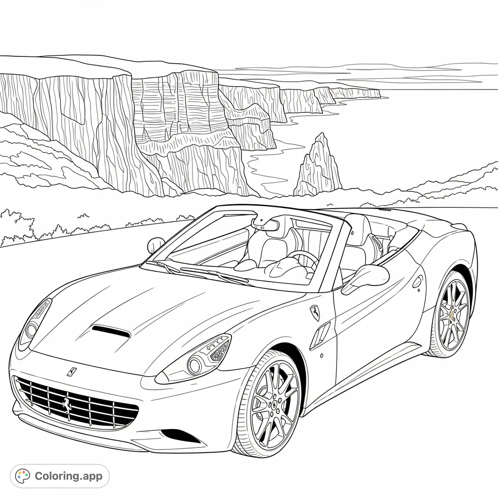 A stylish convertible cruises along dramatic ocean cliffs, offering a scenic journey for coloring enthusiasts. Perfect for car and nature lovers.