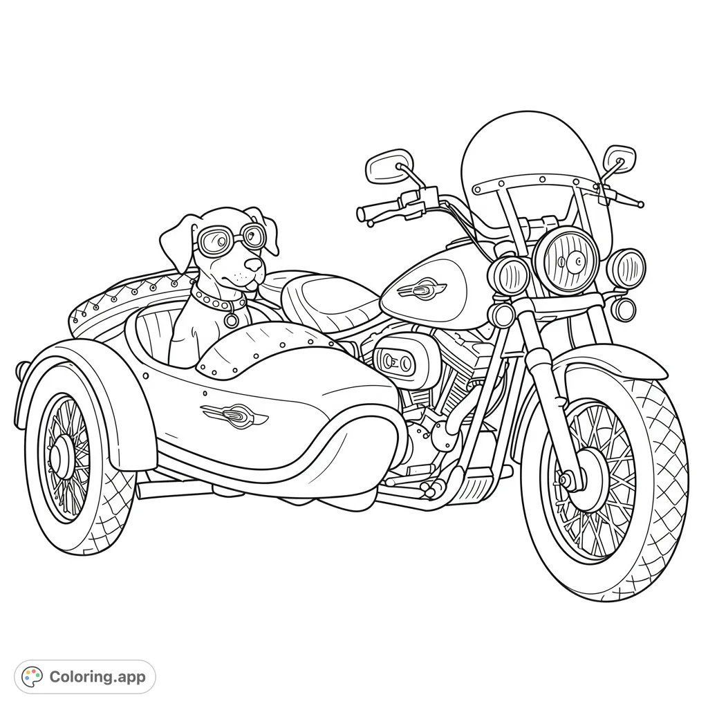 A cool dog in goggles rides in a classic motorcycle sidecar. A fun, free printable motorcycle coloring page for kids and adults.