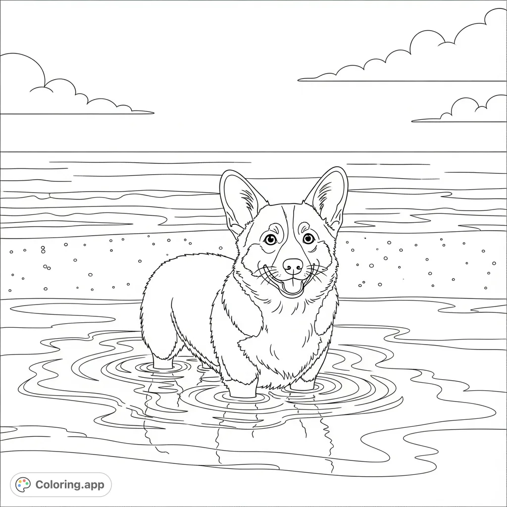 A delightful coloring page featuring a happy corgi enjoying a day at the beach, standing in shallow water with gentle waves and a sandy shore.