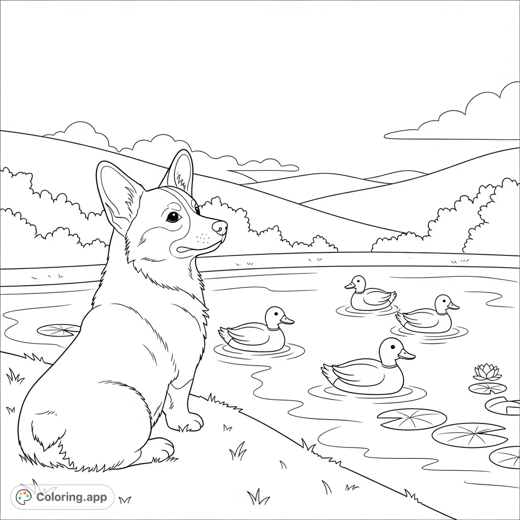 An adorable corgi relaxes by a peaceful pond, observing a group of charming, simply-shaped ducks. A delightful scene for animal lovers of all ages.