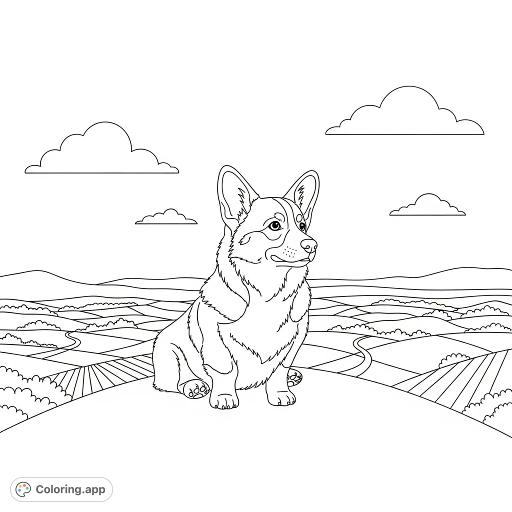 A charming corgi sits on a hill, overlooking a serene valley with rolling hills and a winding path, beneath a sky with simple clouds. A delightful scene.