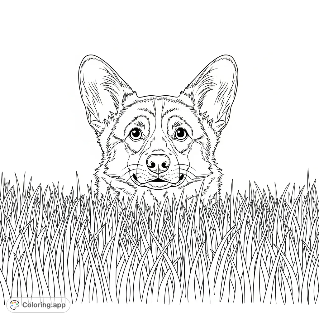 A charming corgi peeks through tall grass, its head and ears visible. A delightful scene for pet lovers and nature enthusiasts to color and enjoy.