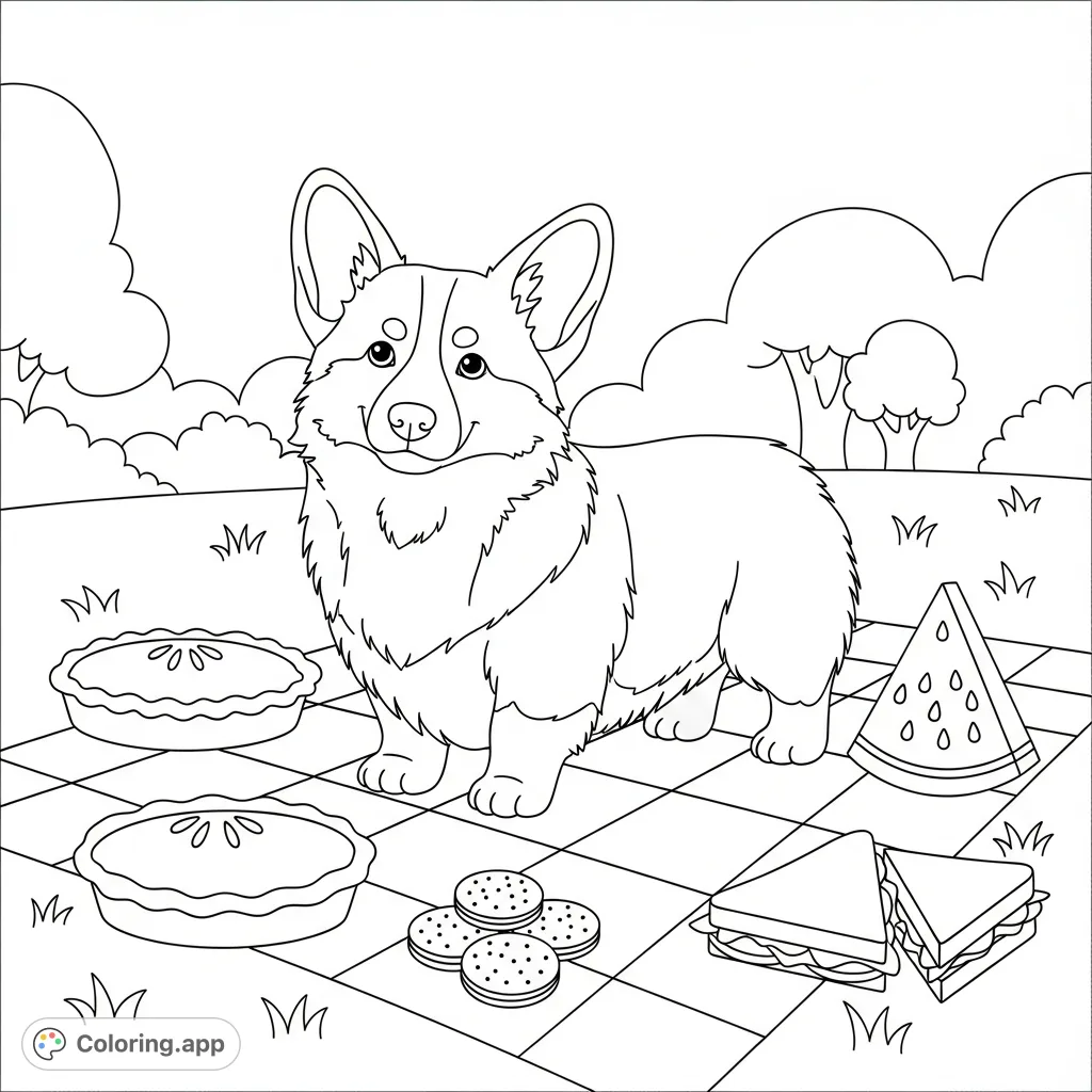 A cheerful corgi stands proudly on a checkered picnic blanket amidst simplified treats like pie, watermelon, cookies, and a sandwich, set against a grassy backdrop.