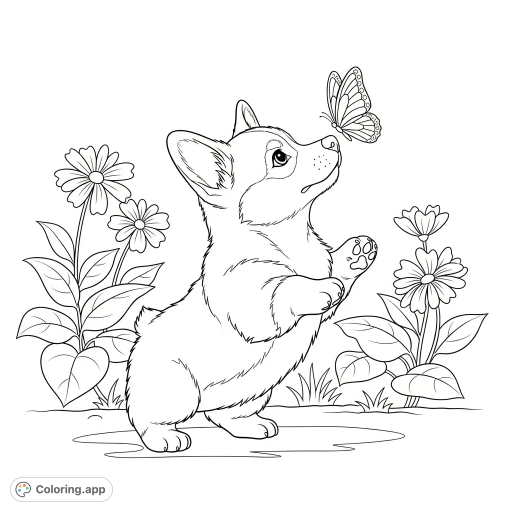 A delightful scene of a corgi puppy playfully pawing at a butterfly amidst simplified garden plants, perfect for a joyful coloring experience.
