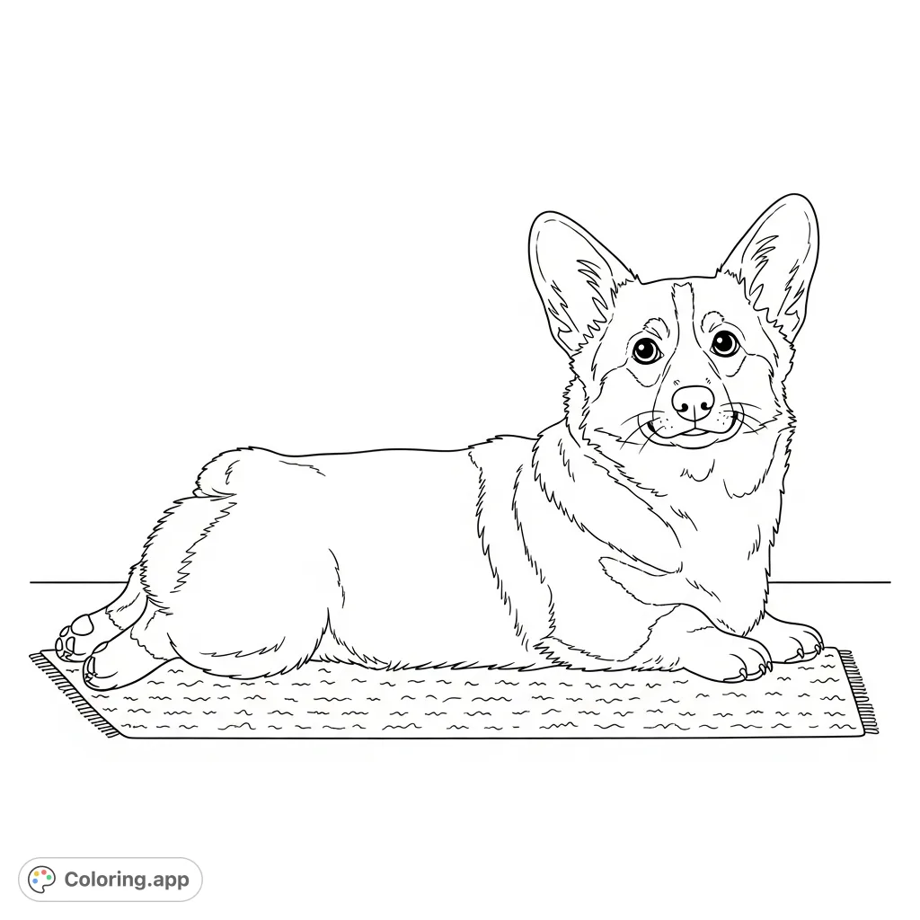 A charming corgi in its signature sploot pose, stretched out on a textured rug. Perfect for animal lovers of all ages to color with creativity.