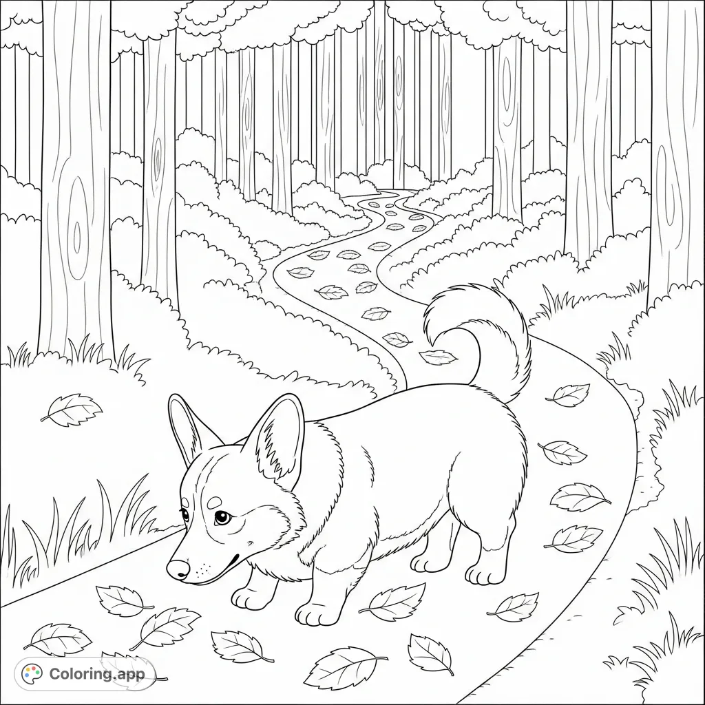 A charming corgi explores a forest path, nose to the ground, surrounded by simplified fallen leaves. A delightful scene for nature and dog enthusiasts.