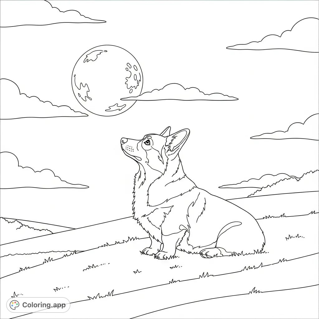 A charming corgi sits on a grassy hill, mesmerized by a large, glowing full moon in a serene night sky. A peaceful scene perfect for relaxing coloring.