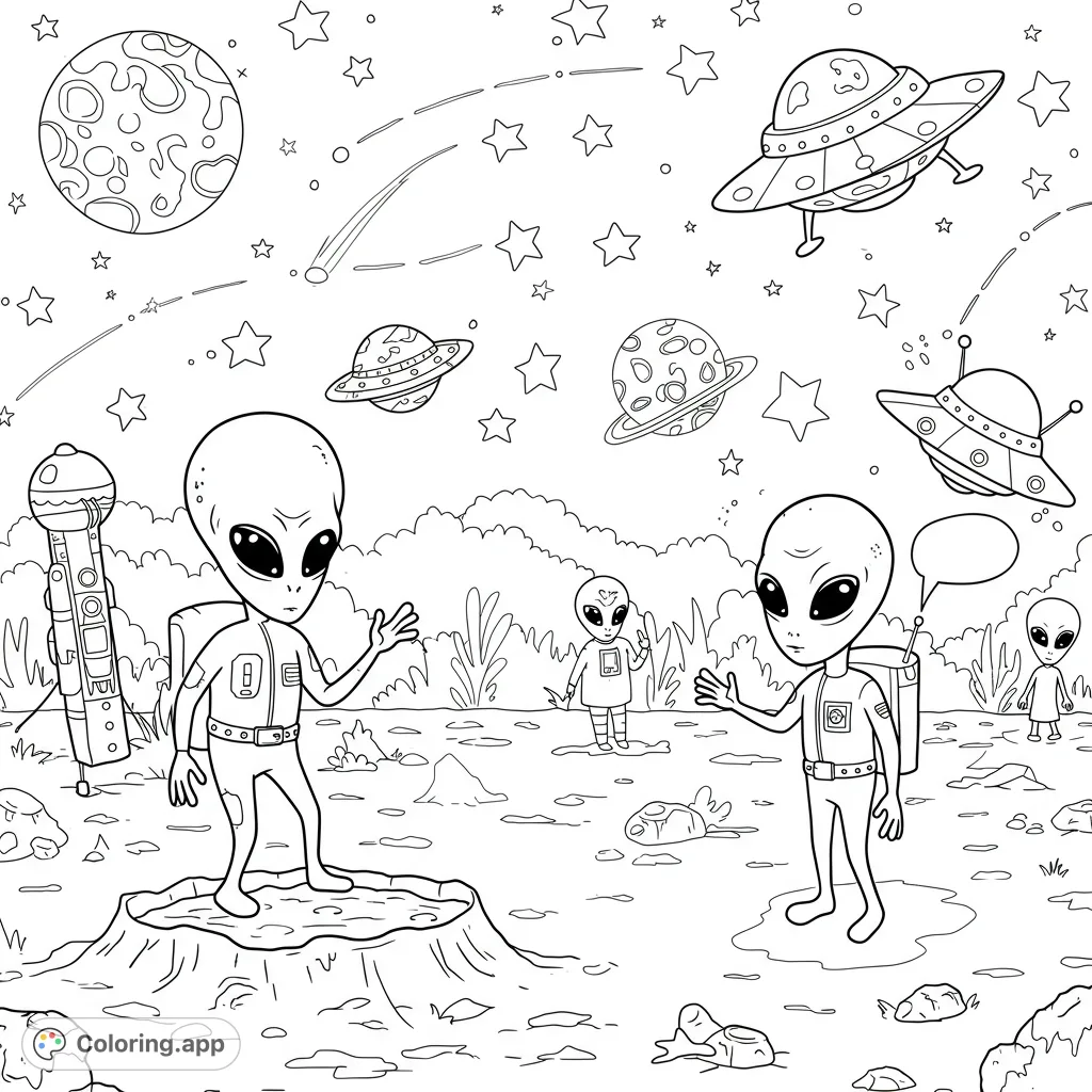 Explore an alien planet with friendly extraterrestrials, flying saucers, and distant planets. A free printable space adventure coloring page for all ages.