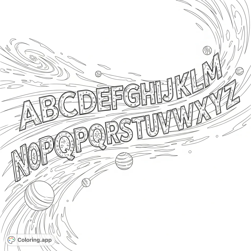Explore the alphabet drifting through a captivating cosmic scene with planets, nebulae, and intricate stars. A unique space alphabet coloring page.