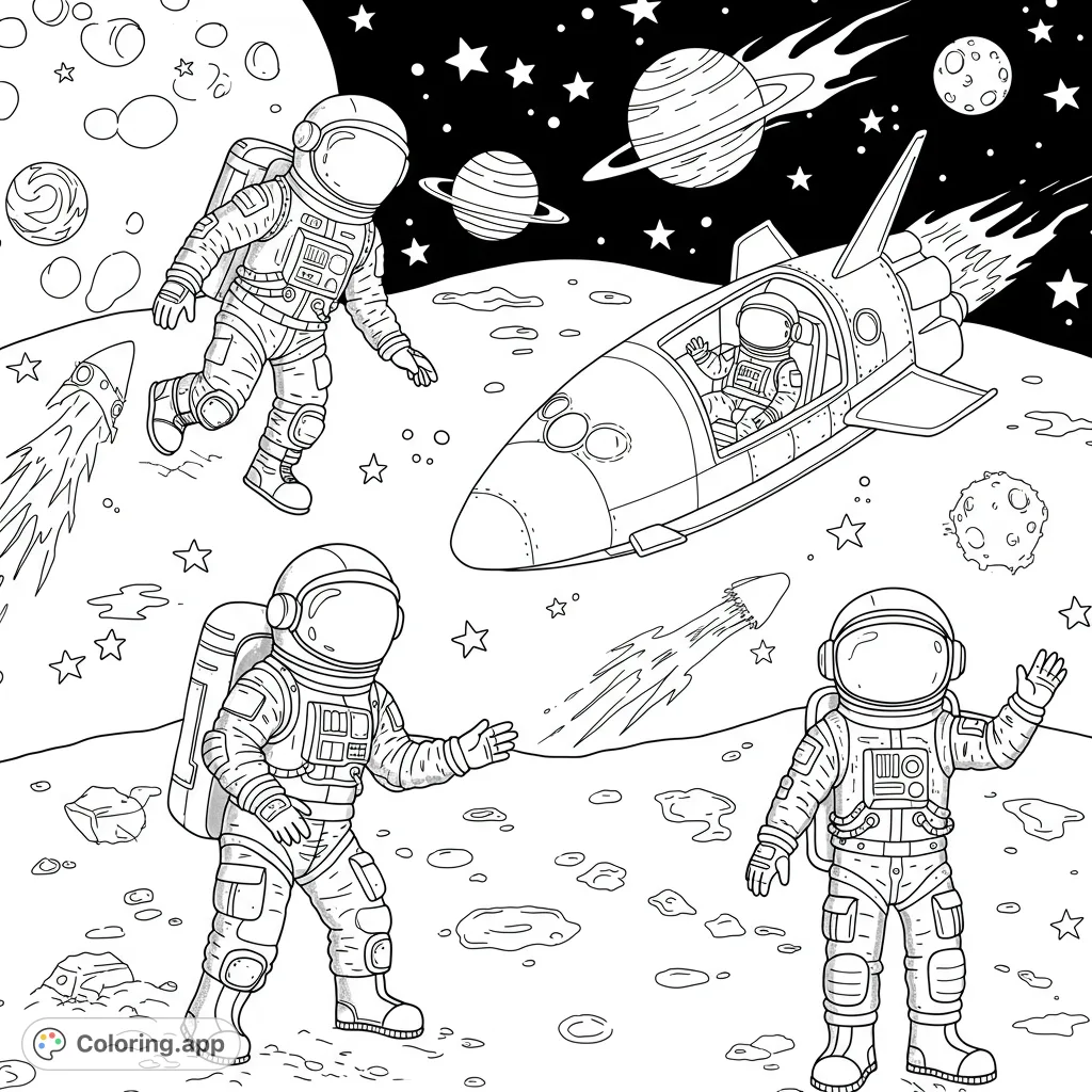 Explore space with astronauts, a shuttle, and planets on a lunar surface. A fun, free printable space coloring page for kids and adults.