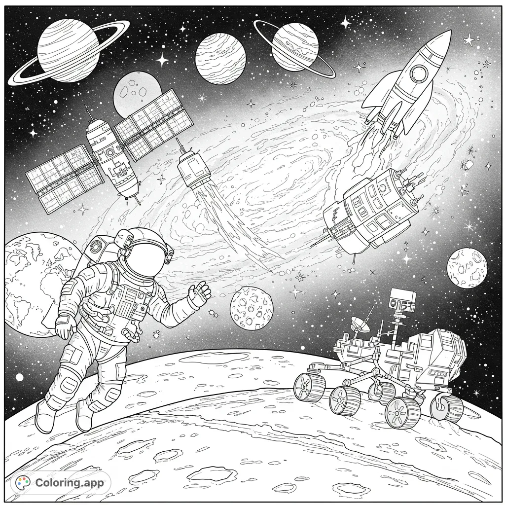 Explore the cosmos with this detailed space exploration coloring page featuring an astronaut, rocket, space station, and planets.