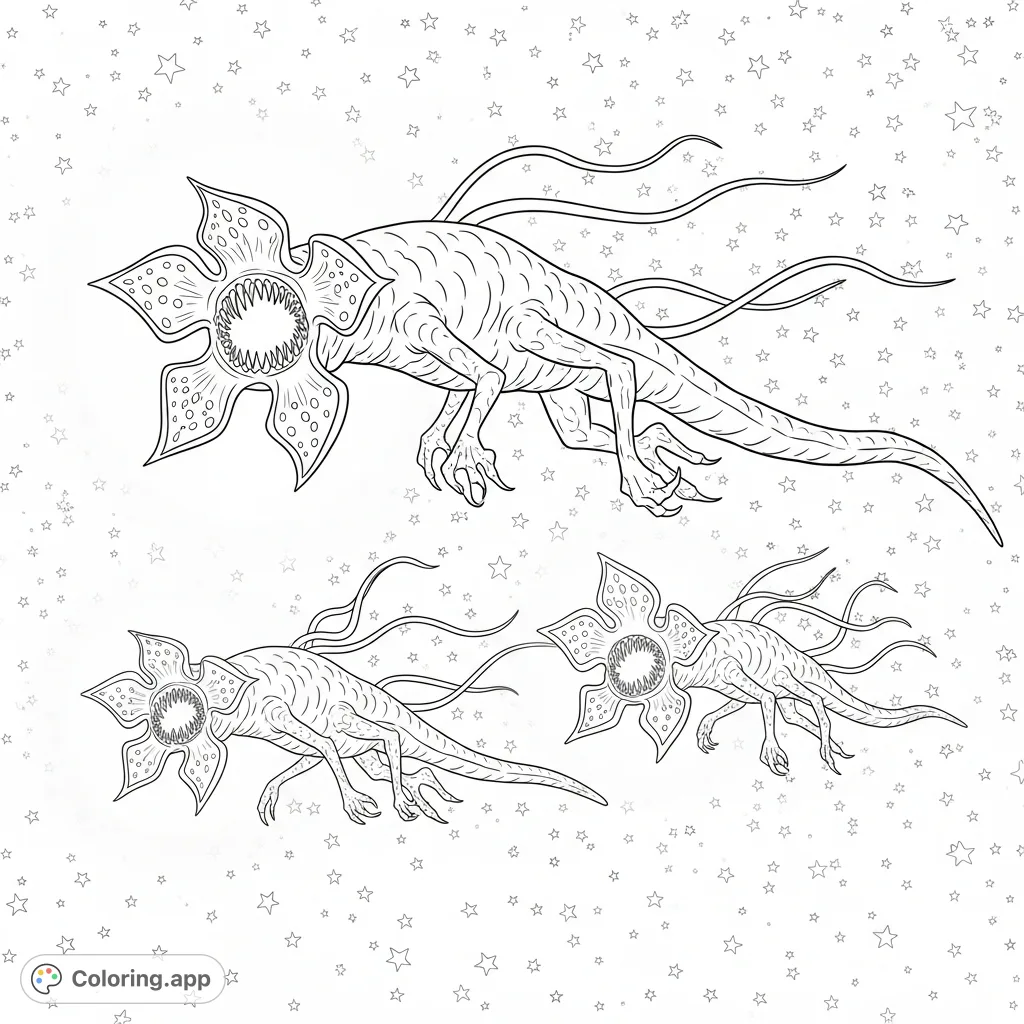Encounter three Demogorgons, including one massive creature, gracefully drifting through a luminous star cluster in a vast, eerie cosmic expanse. A challenging coloring page.