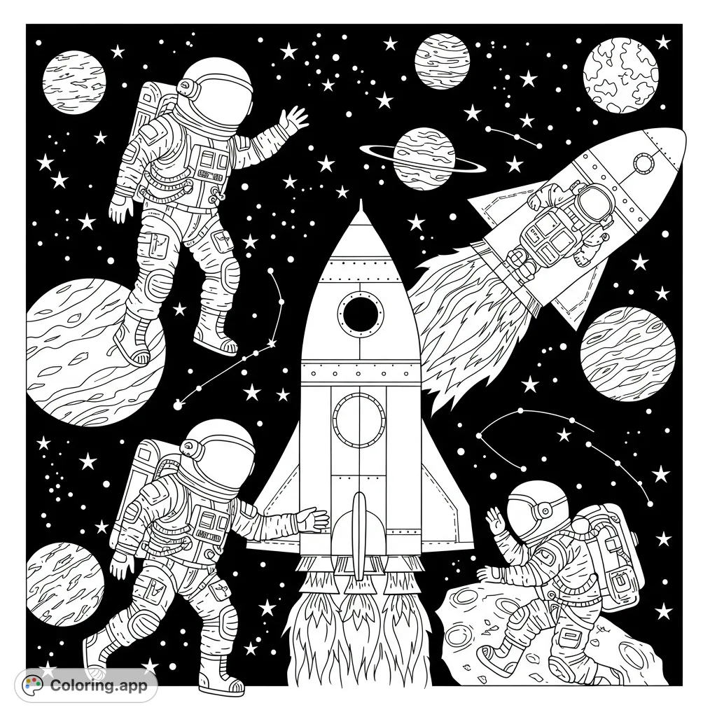 Embark on a cosmic space adventure! This free printable coloring page features astronauts, rockets, and planets, perfect for exploring the universe.
