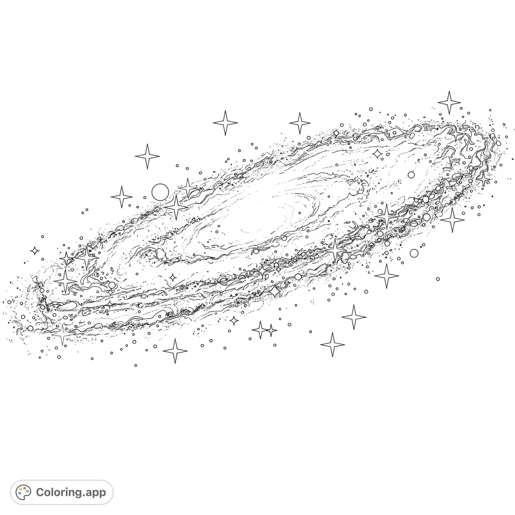 Explore a mesmerizing spiral galaxy with swirling cosmic dust, sparkling stars, and distant nebulae, ready for vibrant colors.