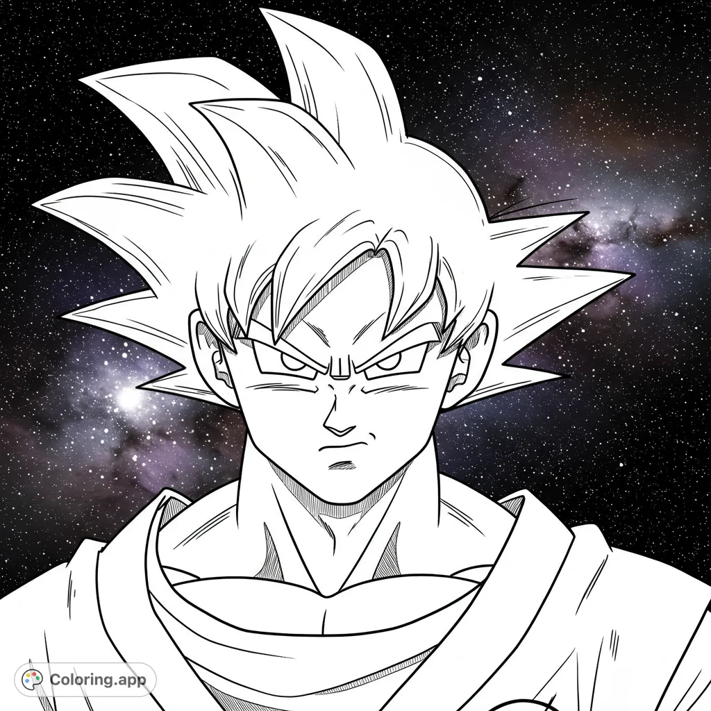 Unleash your power with this dynamic anime warrior coloring page! Featuring a determined hero against a cosmic backdrop, perfect for fans of action and adventure.