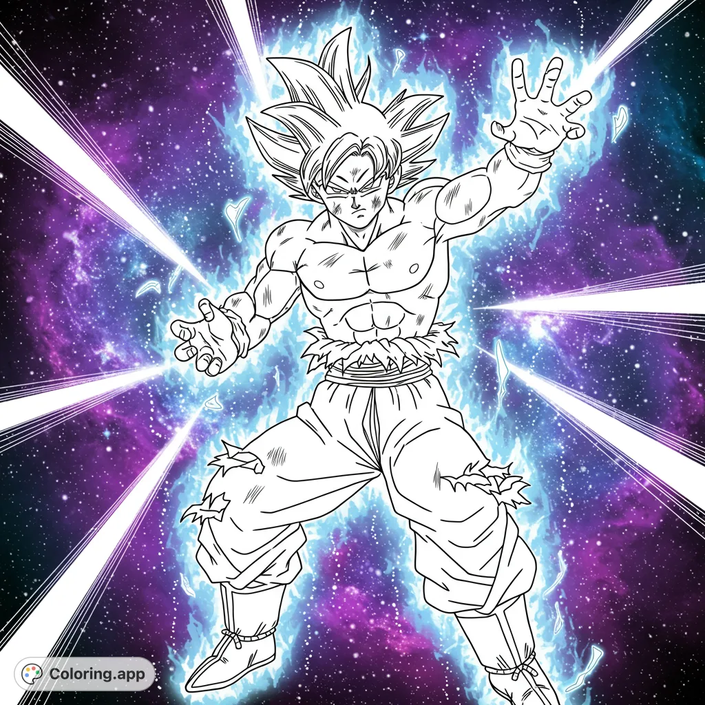 Unleash your creativity with this dynamic anime warrior coloring page, featuring a powerful hero surrounded by cosmic energy and radiating light.