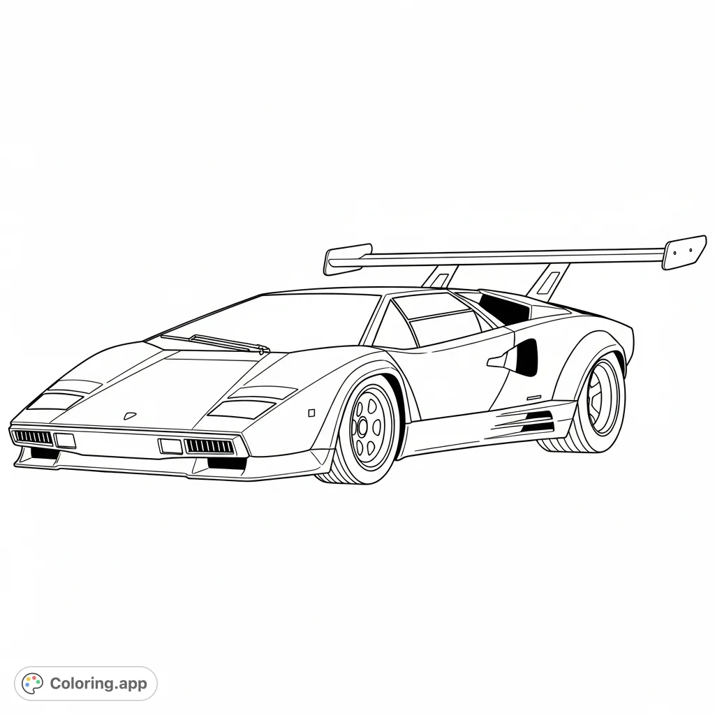 Color a dynamic Countach-inspired concept car featuring an aggressive oversized rear wing. A bold, angular design awaits your creative touch.