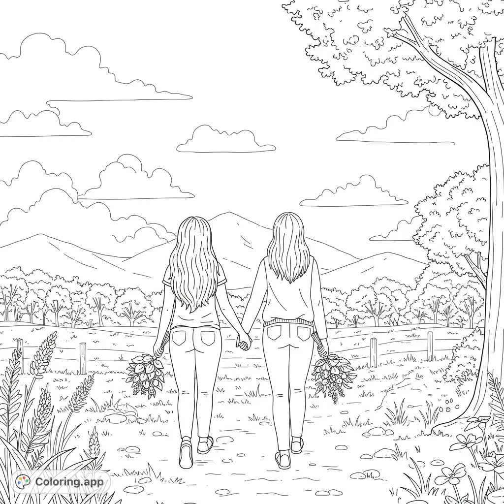 Two friends walk hand-in-hand down a country path, surrounded by nature, trees, and mountains. A serene free printable coloring page.