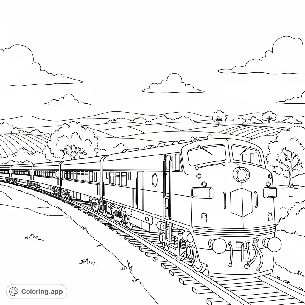 Embark on a journey through rolling hills and open fields with this detailed passenger train coloring page, perfect for all ages to enjoy and customize.