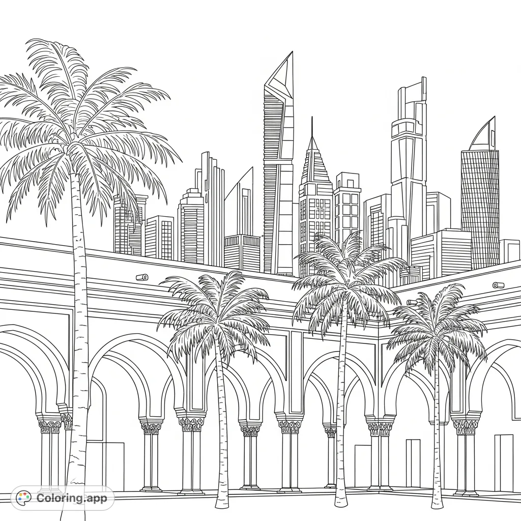 A captivating coloring page featuring a serene traditional courtyard with arches and palm trees, dramatically juxtaposed against a distant, bustling modern city skyline.