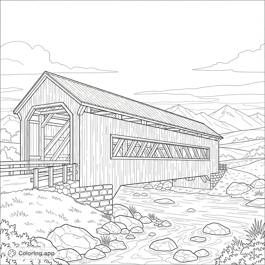 Detailed traditional covered wooden bridge spans a tranquil creek, framed by gentle hills and distant, faint mountains under a clear sky.