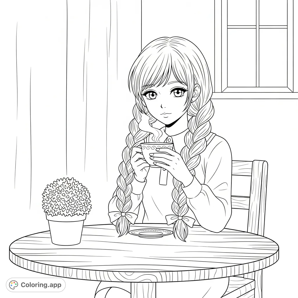 A charming anime girl with twin braids enjoys a warm cup of tea at a cozy table, inviting a tranquil coloring experience.