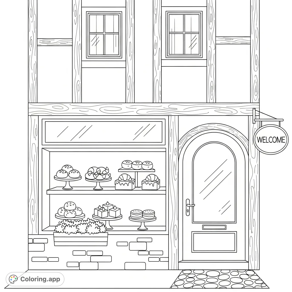 Capture the charm of a quaint bakery storefront with detailed wooden beams and inviting simple-shaped pastries displayed in the window. A delightful scene.