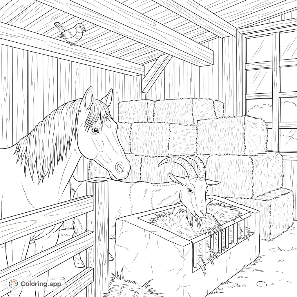 Explore a heartwarming barn scene with a horse, goat, and bird amidst hay bales and wooden structures. A charming farm animals coloring page for all ages.