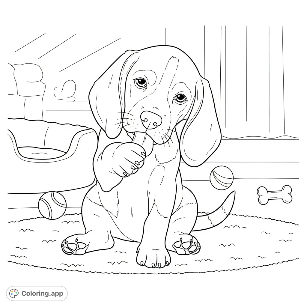 An adorable beagle puppy sits in a cozy indoor setting, playfully licking its paw. Features include floppy ears, soft rug, and scattered toys for a comforting scene.