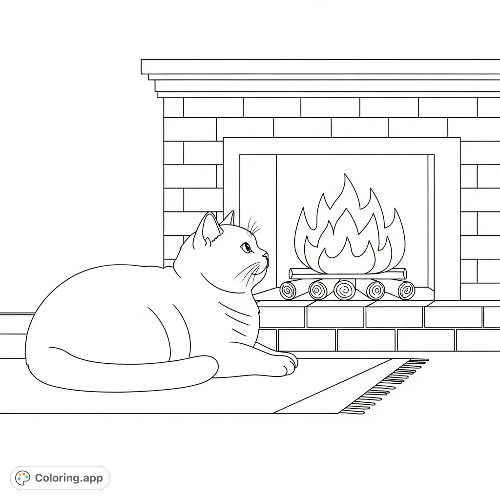A delightful British Shorthair cat curled serenely by a brick fireplace with simplified flames, offering a charming scene for peaceful coloring.