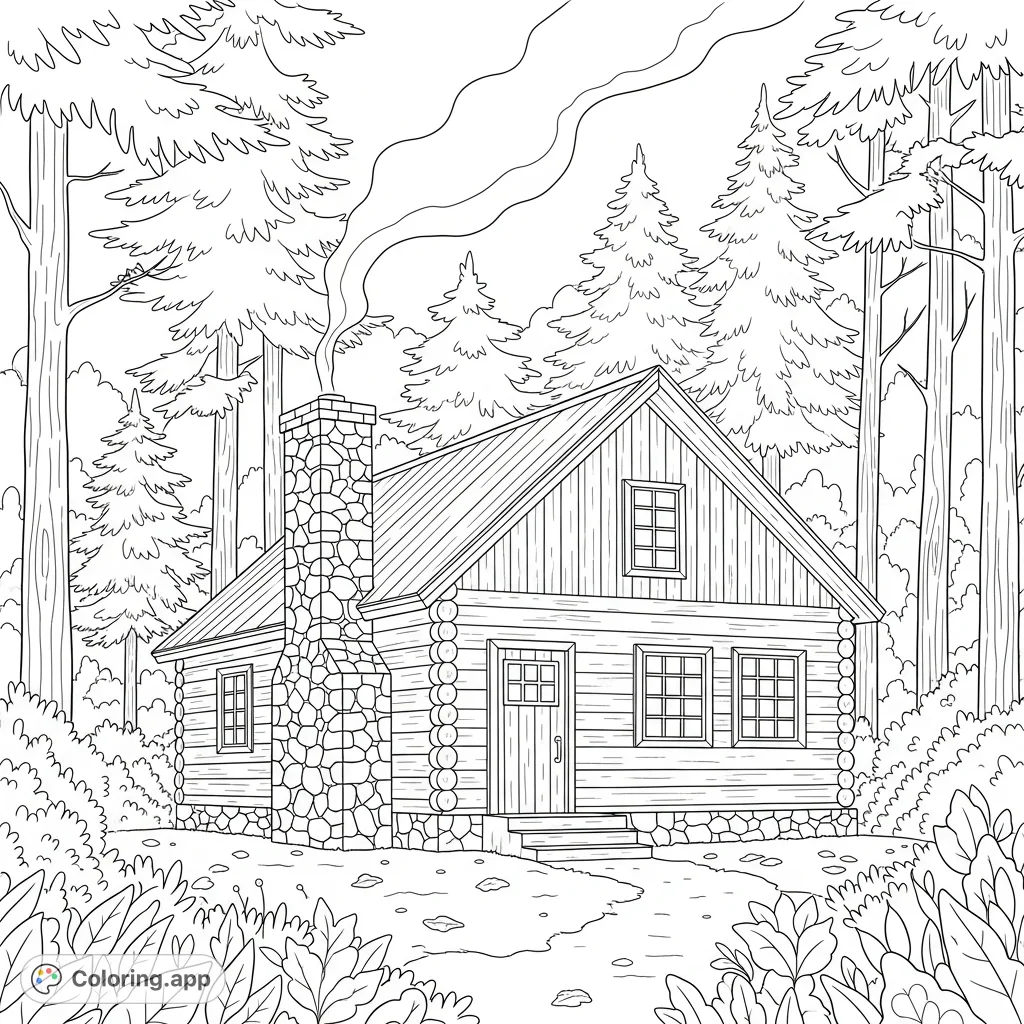 A charming log cabin nestled among dense trees with smoke rising from its chimney, offering a peaceful forest scene for a relaxing coloring experience.