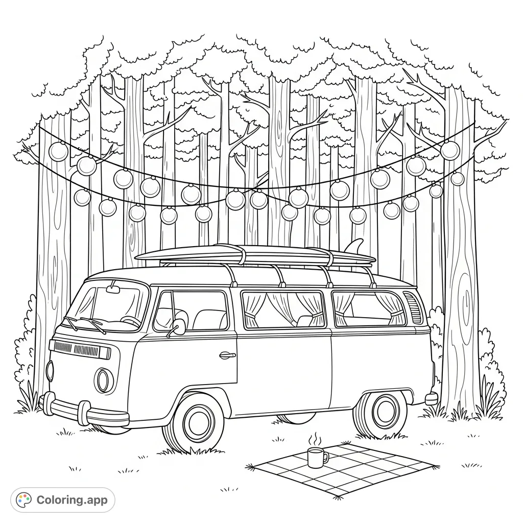 A charming retro camper van nestled among tall trees, adorned with whimsical string lights. Perfect for a relaxing escape into nature's beauty and tranquility.