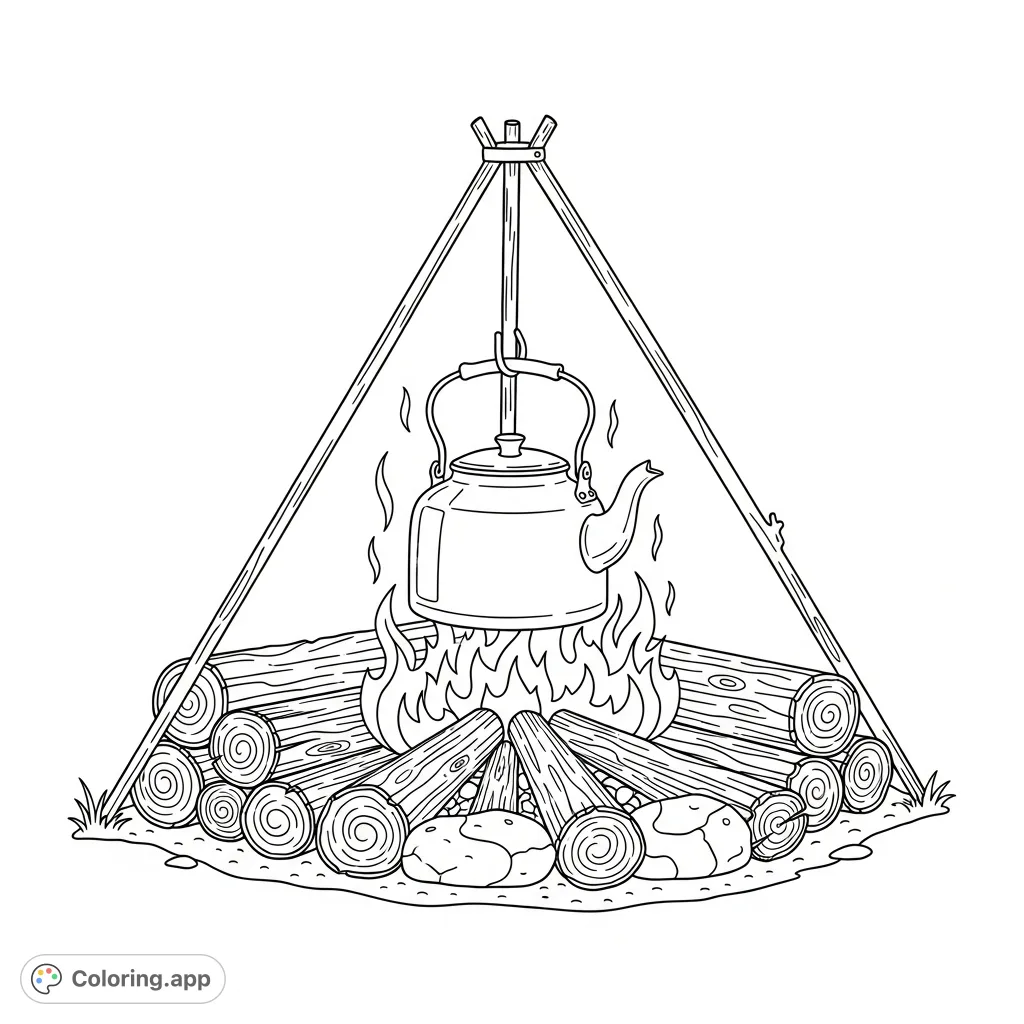 A comforting campfire scene with neatly stacked logs, simplified flames, and a classic kettle suspended above. Perfect for a relaxing coloring experience.