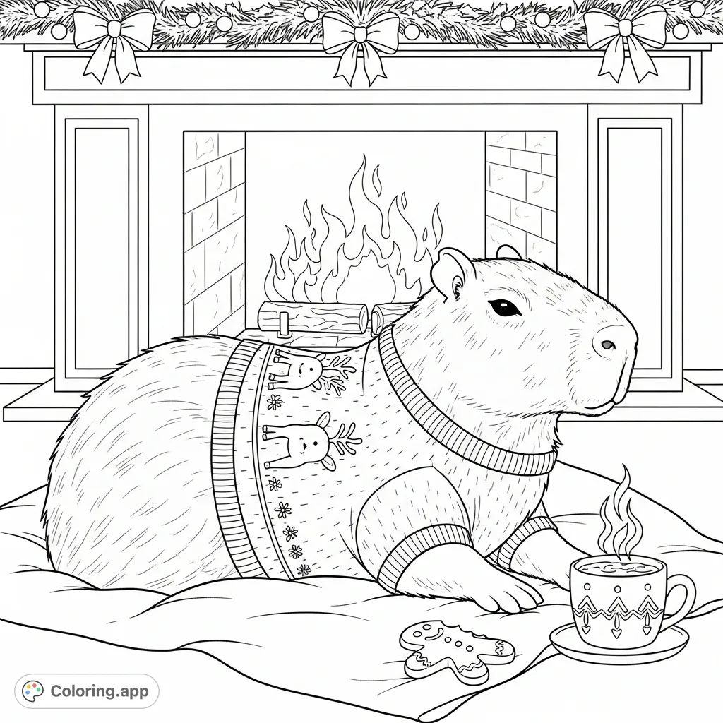 A charming capybara in a knitted sweater relaxes by a crackling fireplace with a cookie and steaming mug, amidst festive decorations.