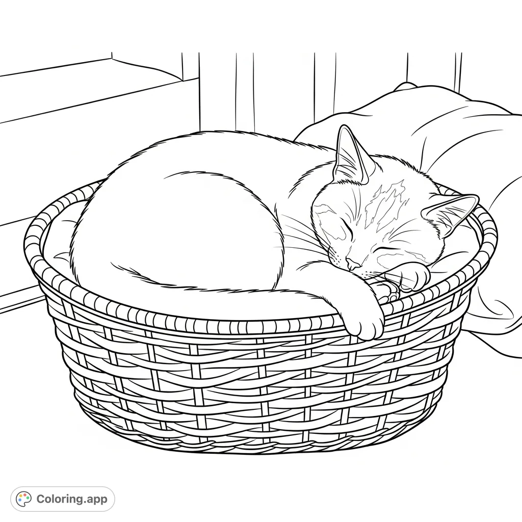 A peaceful coloring page featuring a domestic cat deeply asleep, curled up in an intricately woven basket, promising a serene coloring experience.