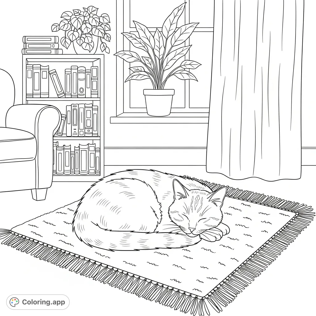 A charming coloring page featuring a domestic cat peacefully resting on a soft, plush rug in a warm, inviting room filled with gentle domestic details.