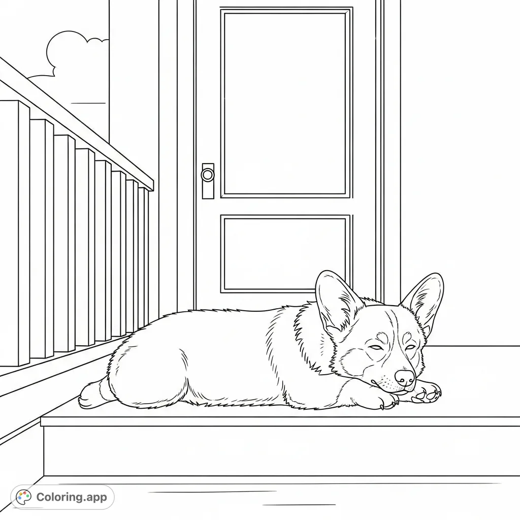 A charming coloring page featuring a fluffy corgi resting peacefully on a porch step, framed by a simple railing and a welcoming door.