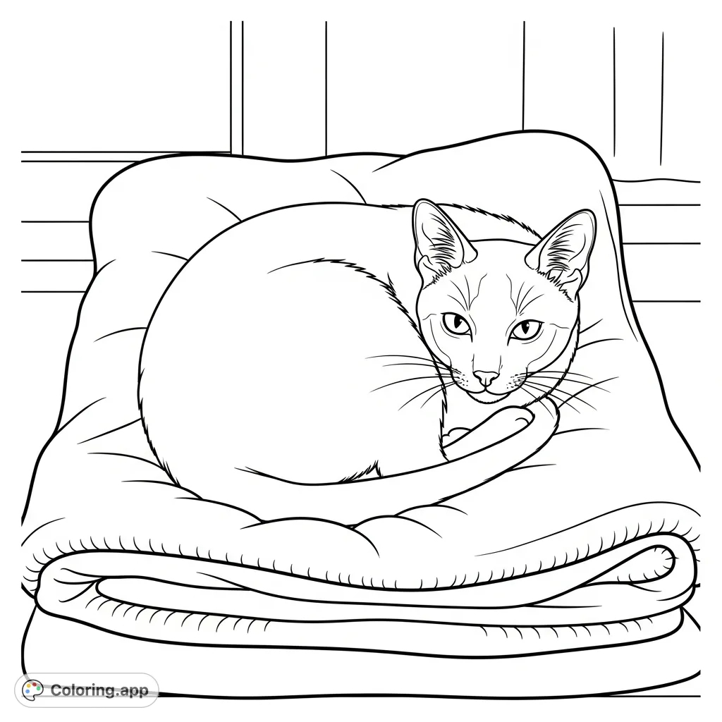 A serene Siamese cat curled in a perfect circle on a soft blanket, featuring delicate line-work for fur textures and subtle background elements.