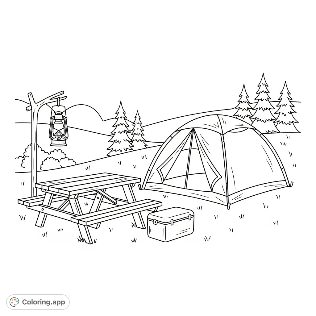 Explore the great outdoors with this inviting campsite coloring page, featuring a tent, picnic table, lantern, and cooler in a peaceful natural setting.