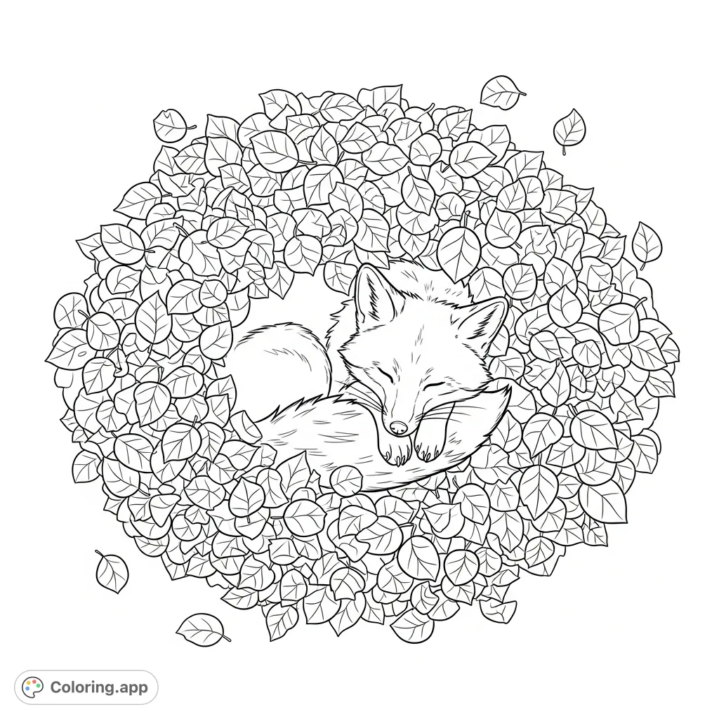 A serene fox rests peacefully, nestled within a lush, textured pile of autumn leaves, offering a comforting and detailed nature scene for coloring.
