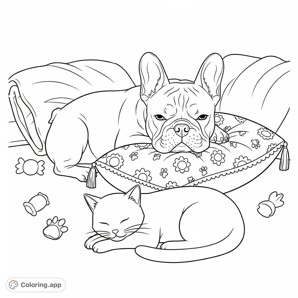 A delightful coloring page featuring a French bulldog curled on a patterned pillow next to a serenely sleeping cat, set in a cozy indoor scene.