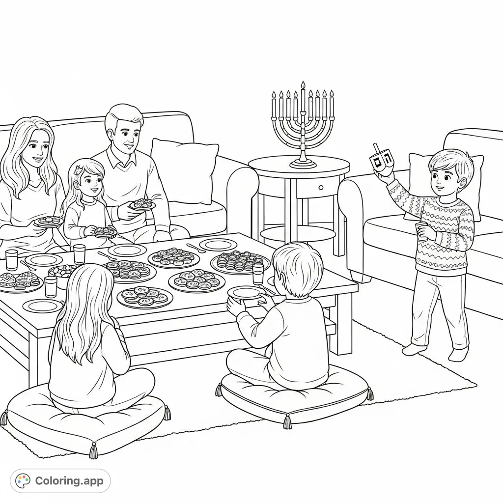 Capture the warmth of a Hanukkah family dinner. A cozy living room scene with a lit menorah, latkes, and a child spinning a dreidel.
