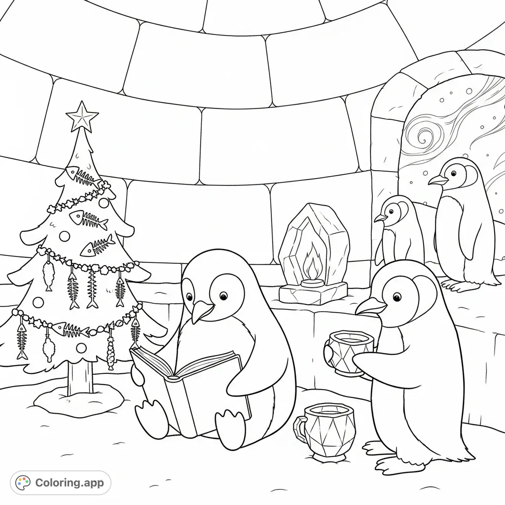 Step into a cozy igloo scene with charming penguins, a unique fishbone-decorated Christmas tree, and a softly glowing ice lantern. Perfect for all ages!