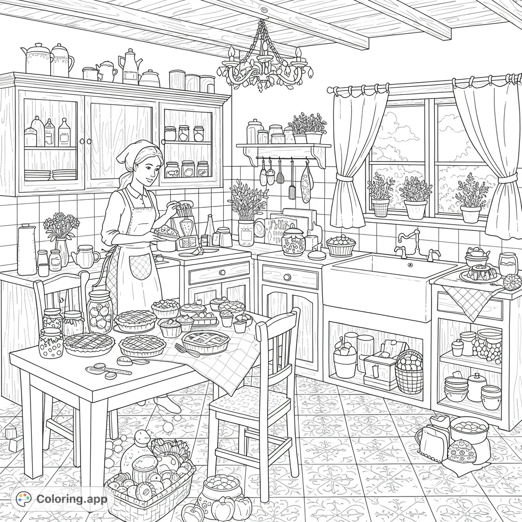 A cozy kitchen scene with a woman baking, surrounded by delicious pies, tarts, and fresh produce. Perfect for a relaxing coloring experience.
