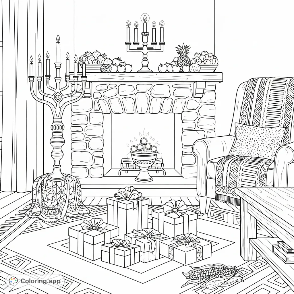 Immerse yourself in the festive spirit with this Kwanzaa living room coloring page. Features a kinara, fruits, gifts, and African textiles for a warm, culturally rich experience.